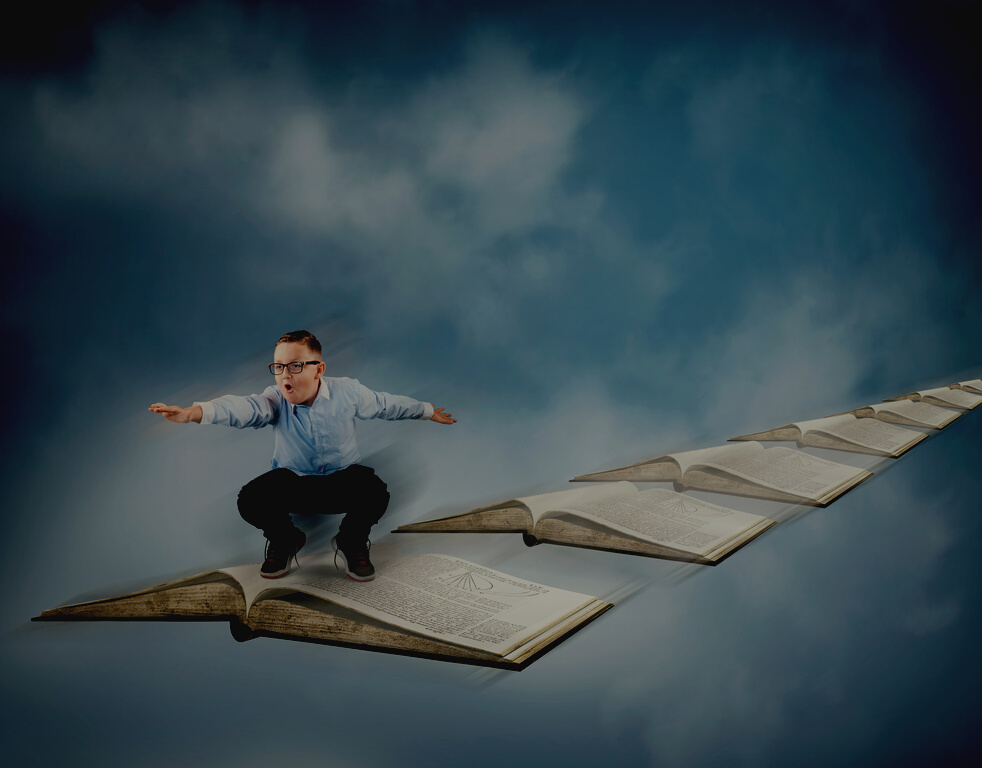 Kid flying in the sky with books.