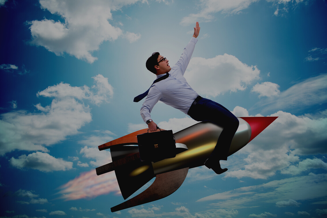 Businessman Flying on Rocket 
